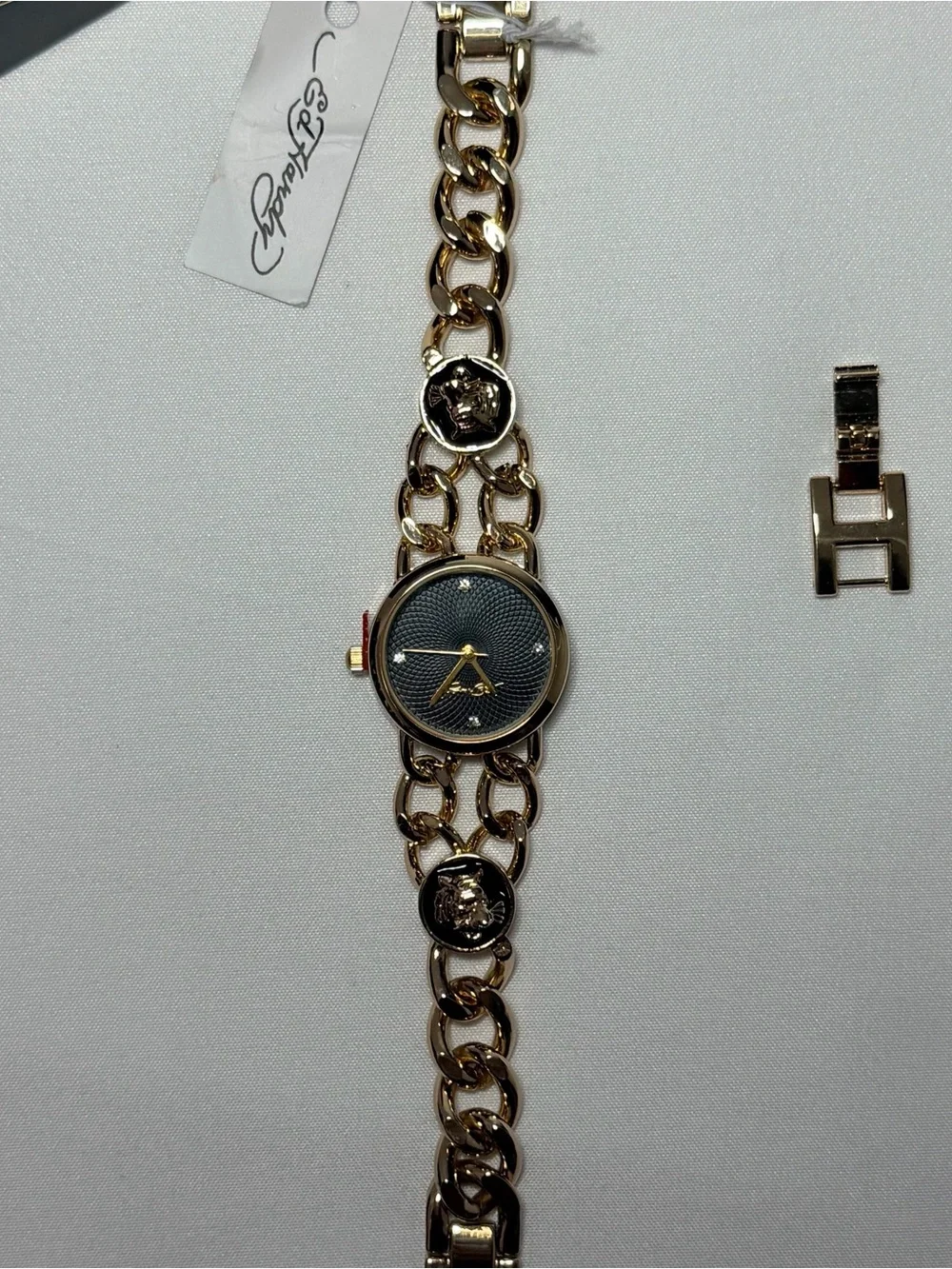 Ed Hardy Gold Chain-Link Women's Watch with Black Dial